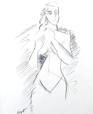 drawing of a woman in a white dress holding her hands to her chest