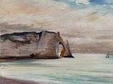 une peinture représentant un voilier sur l'eau, près d'une formation rocheuse