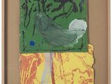 un tableau représentant un oiseau perché sur une couverture jaune et verte