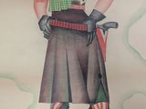 painting of a woman in a cow print top and skirt holding an umbrella