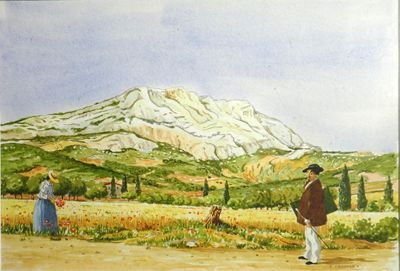 un tableau représentant un homme et une femme marchant dans un champ