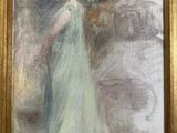 une peinture à l'huile représentant une femme en robe verte debout devant un mur