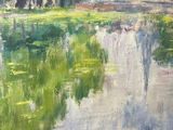 an oil painting of a pond with trees and a building in the background