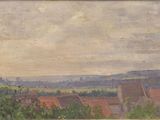 an oil painting of a view of a village with a bird flying in the sky