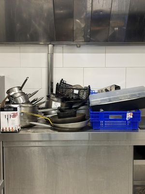 many pots and pans on the counter in the kitchen