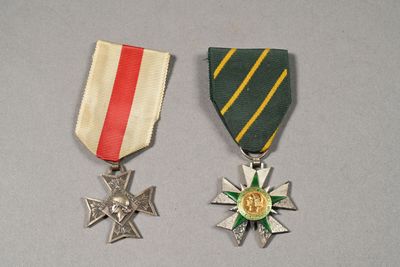 two medals with ribbons and a star on a gray surface