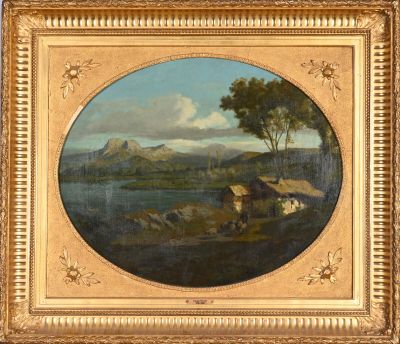une image représentant un tableau de paysage avec une rivière au premier plan et des montagnes à l'arrière-plan