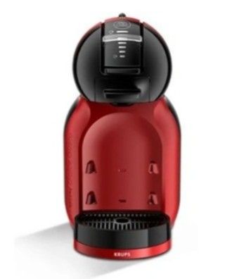 a close up of a red coffee maker on a white surface