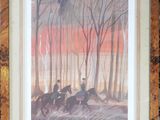 painting of two men riding horses through a forest at sunset