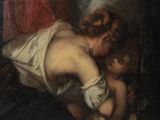 painting of a woman holding a child in her lap and a man kneeling beside her