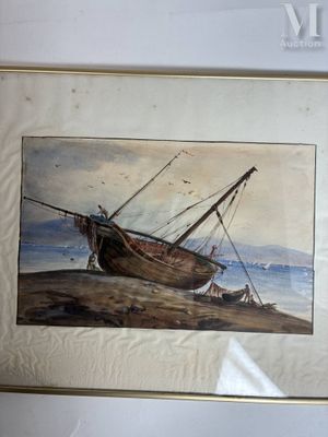 une image d'un tableau représentant un bateau sur la plage