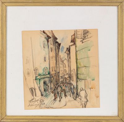 une image représentant un dessin d'une scène de rue avec des personnes marchant dans la rue