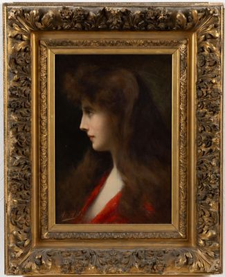 a painting of a woman with long hair in a red dress