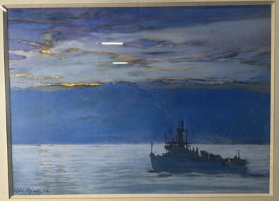 a painting of a boat in the water with a sky background