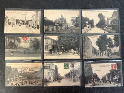 several old black and white photographs of people walking down a street