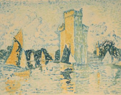 un tableau représentant des voiliers sur l'eau, près d'un château