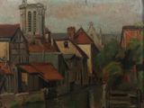 a painting of a town with a clock tower in the background