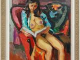 une peinture à l'huile représentant une femme assise sur une chaise en train de lire un livre