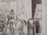 a drawing of a man riding a horse in front of a building