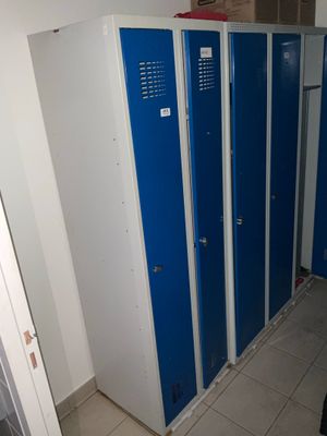 Plusieurs casiers bleus sont alignés les uns à côté des autres dans une salle de bains