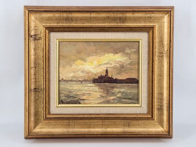 a painting of a boat in the water with a lighthouse in the background