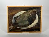 an oil painting of a duck on a table with a white background
