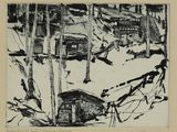 drawing of a cabin in the woods with snow on the ground