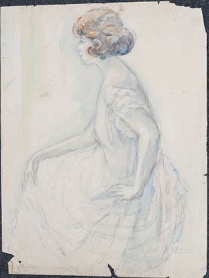 l'image d'un dessin représentant une femme en robe blanche