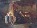 a painting of a man and a woman in a barn with a cow