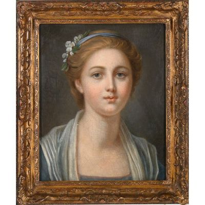 un tableau représentant une femme en robe bleue avec une fleur dans les cheveux