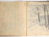 an open book with a drawing of a park and trees