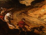 a painting of a man riding a horse with a dog