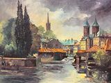 peinture représentant un tableau représentant une rivière, avec des bâtiments et une église en arrière-plan