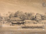 dessin représentant une scène fluviale avec un bateau et plusieurs personnes en canoë