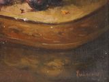 painting of a bowl of plums and a plate of grapes
