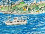 a drawing of a boat in the water near a small island