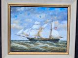 an oil painting of a sailing ship in the ocean on a cloudy day