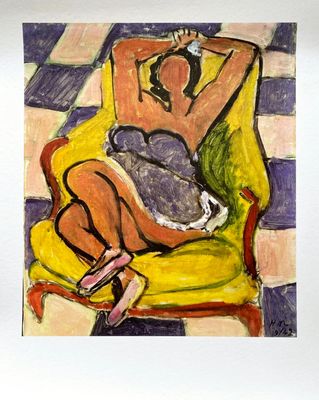 a painting of a woman sitting on a yellow chair