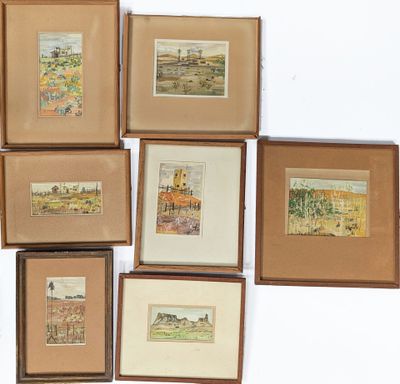 several framed pictures of a variety of different landscapes in a wooden frame
