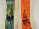 two watercolor paintings of a boat and a boat in a body of water