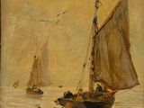 tableau représentant des voiliers sur l'eau, avec des oiseaux volant au-dessus d'eux