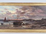 an oil painting of boats on a beach near a body of water