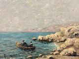 une peinture représentant un homme dans un bateau sur l'eau