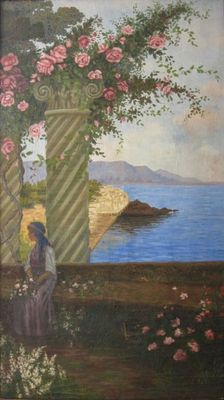 an oil painting of a woman sitting in a garden by the water