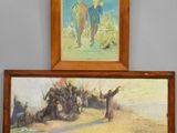 two paintings of people on a beach and a painting of a man on a horse