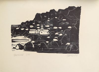 a black and white drawing of a boat in the water