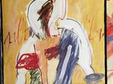 three paintings of a couple kissing each other on a table