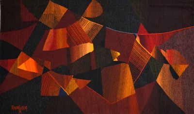 peinture abstraite représentant des formes rouges et orange sur fond noir