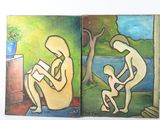 deux tableaux représentant un homme et une femme assis sur un banc