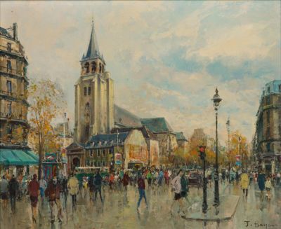 tableau représentant une scène de rue avec des passants et une église en arrière-plan